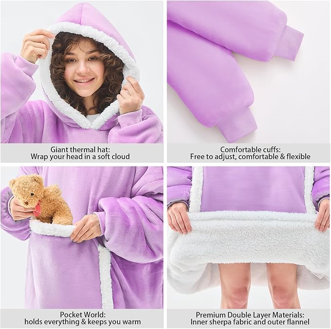 JOYWOO Purple Wearable Blanket Hoodie,Oversized Cat Lovers Sweatshirt Blanket for Adult & Teens, Birthday Gifts for Women Men Mom Girl Boys,Cozy Fuzzy Sherpa Blanket Giant Pocket Gifts,Purple Small