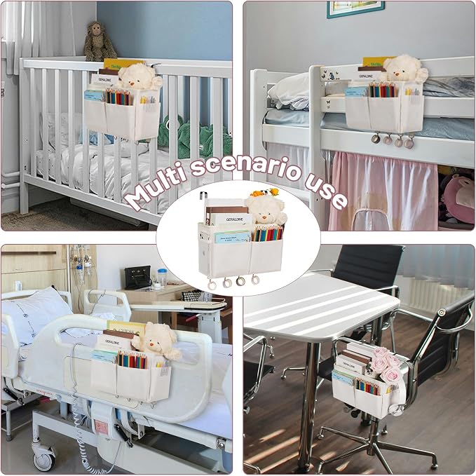 Bedside Caddy Organizer 5 Pockets and 4 Hooks for Bunk Bed White | Hanging Storage Bag for Headboards