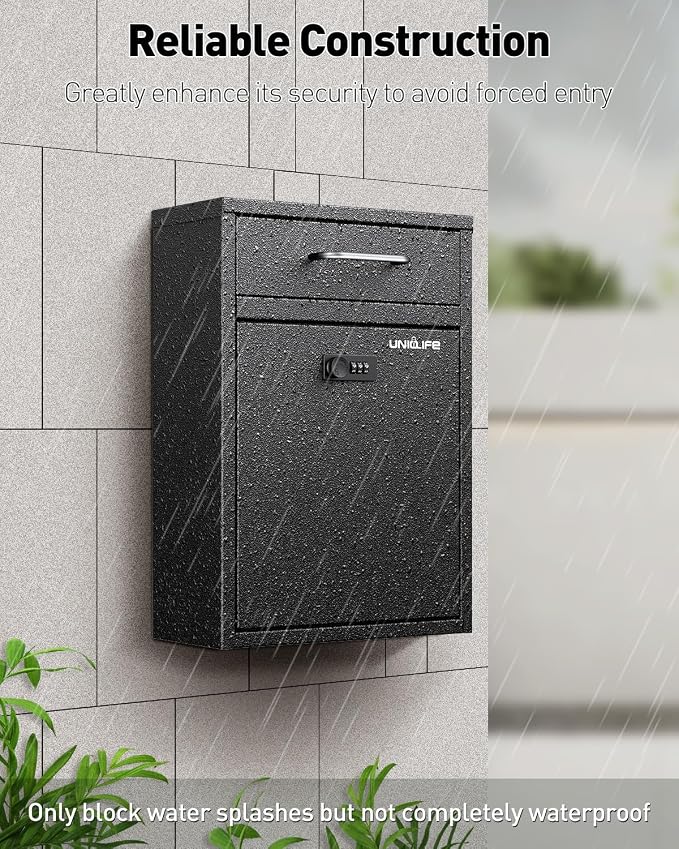 Uniclife Wall Mount Mailbox for Outside, Heavy Duty Locking Mailbox, Black | Anti-Theft Function, Large Mailbox with Combination Lock, Safe Key Drop Box, Steel Cash Drop Box for Home Office