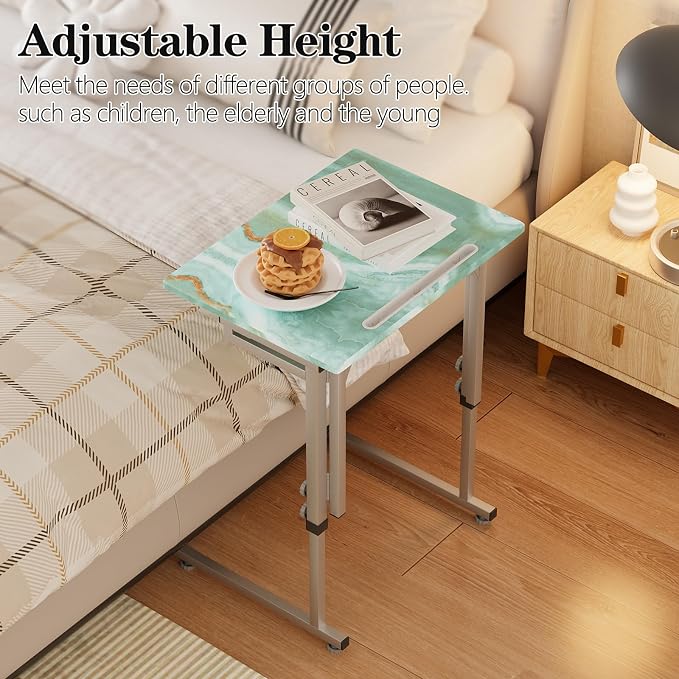 Folding Tv Tray Table,6 Height Adjustable Dinner Snack Slide Under Couch Side Table, Portable Foldable C-Shaped End Table for Eating with Sturdy MDF Top,No Assembly(Sea Blue+Silver)