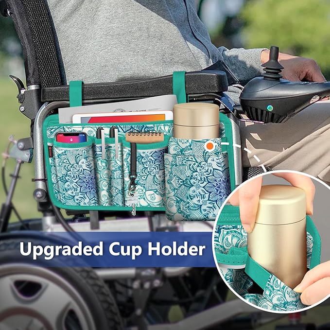 FINPAC Wheelchair Side Storage Bag w/Cup Holder, Wheelchair Armrest Accessories Pouch with Pen Slot and Reflective Strips for Power Walkers, Rollators, Seniors - Emerald Illusions