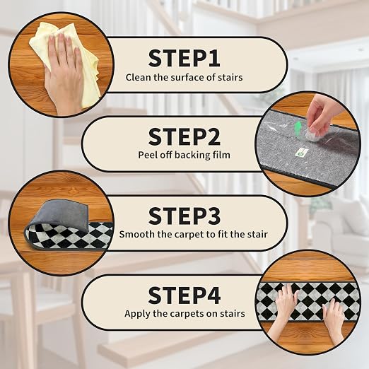 Non Slip Stair Treads for Wooden Steps, 4 Pack 8"x30" Washable Carpet | 8x30 in soft chenille polyester stair treads with reusable TPE backing for indoor wood stairs, dogs, kids, and seniors
