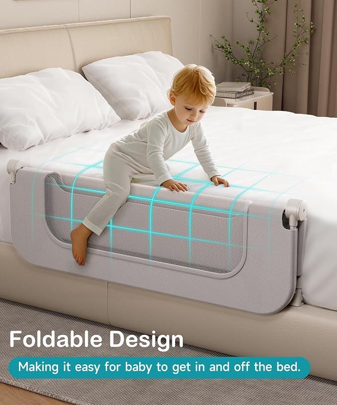 Bed Rail for Toddlers - 33 Inch Foldable Baby Guard | Height Adjustable | Foldable | Fits Full/Queen/King/Twin Beds | U-shape base provides Safety sleep protection | Grey