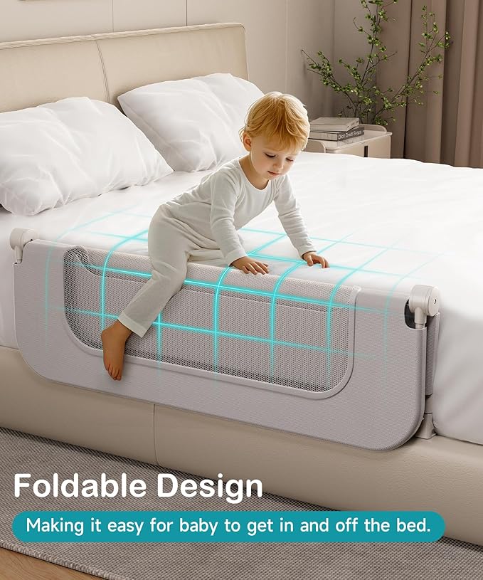 Bed Rail for Toddlers - 47 Inch Foldable Baby Guard | Height Adjustable | Foldable | Fits Full/Queen/King/Twin Beds | U-shape base provides Safety sleep protection | Grey
