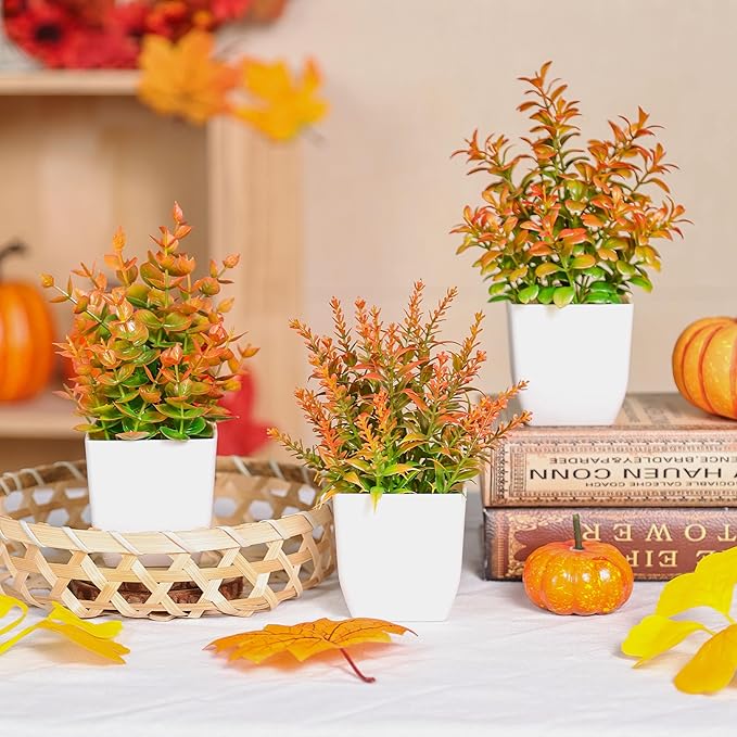 Der Rose 4 Pack Fall Fake Plants Mini Artificial Greenery Potted Plants Fall Decorations for Home Decor Indoor Office Table Room Farmhouse Bathroom Fall Decor