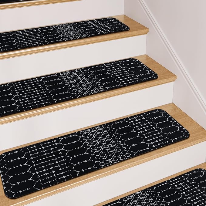 OJIA Stair Treads Non-Slip Stair Runners for Wooden Steps 15PCS 30"x8" | Indoor Carpet Stair Treads Stair Mats Staircase Step Treads for Kids, Elders and Dogs, Stair Covers, Black