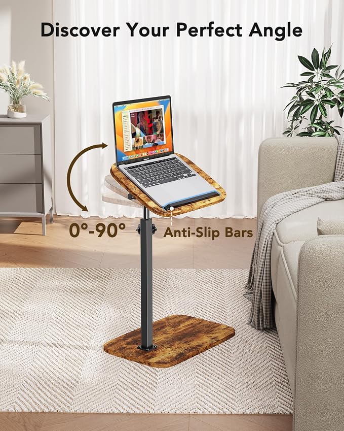 HUANUO TV Tray with Height Adjustment, 360° Swivel, 90° Tilt, Rustic Brown | 19" - 31.5" Height Range, Dual Knobs for Stability, Anti-slip bar, Foldable, for Eating & Working Beside Sofa, Bed