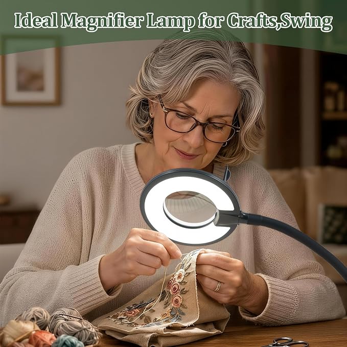 3X+6X Magnifying Glass with Light and Stand, Dimmable LED Magnifying Lamp | Flexible Gooseneck, Hands Free Magnifier, Magnification Lamp for Elderly Craft Hobby Painting Sewing Close Work,Weighted Base