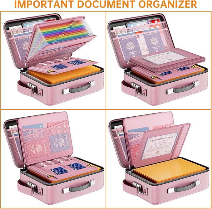 DocSafe Fireproof Document Box Hard Case with Lock ＆ Accordion File Folder | Fire and Water Resistant Safe Box,File Organizer,Multi-Pocket,Home Office Travel Storage for Important Document,Laptop,Pink