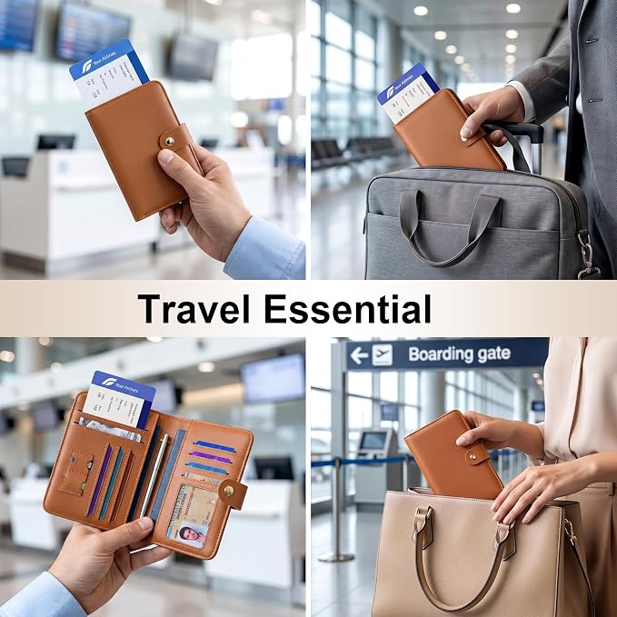 Travelambo Leather Passport Holder Cover Case, RFID Travel AirTag Wallet | Family Passport Wallet, RFID Blocking Credit Card Holder for Men & Women