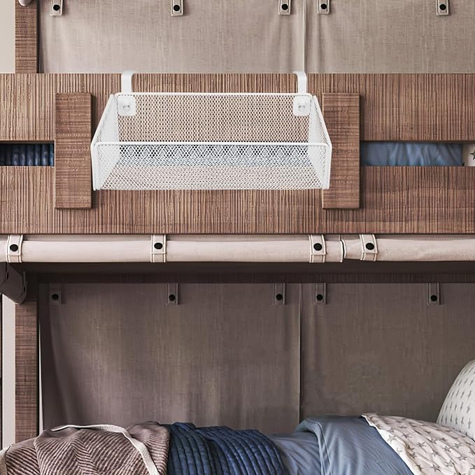 Luxshiny Bedside Hanging Storage Basket Organizer with Hooks Wire Mesh Shelf for Dorm Bunk Bed Essentials Bedroom Office