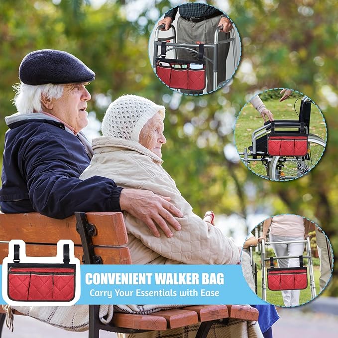 YBEATY Walker Bag Walker Storage Bag with Reflective Strips Folding Basket Wheel Chair Accessories Bags Lightweight Hand Free Storage Carrier Tote for Seniors Rollator Accessories (Wine Red)