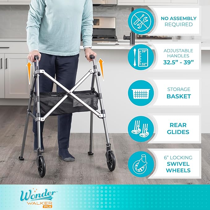 Stander Wonder Walker Plus, Lightweight Folding Mobility Aid for Adults, Seniors, and Elderly, Collapsible Travel EZ Fold-N-Go with Wheels, Glides, & Basket, Desert Sand