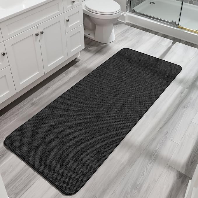 Bath Mat,Ultra Thin Bathroom Runner Rugs,Large Bath Mats for Bathroom,Quick Dry,Non-Slip,Machine Washable,Low Pile,Bath Rug,Shower Outside,Sink,Home Decor Accessories.Black,1'9"x3'11"（21x47inch）