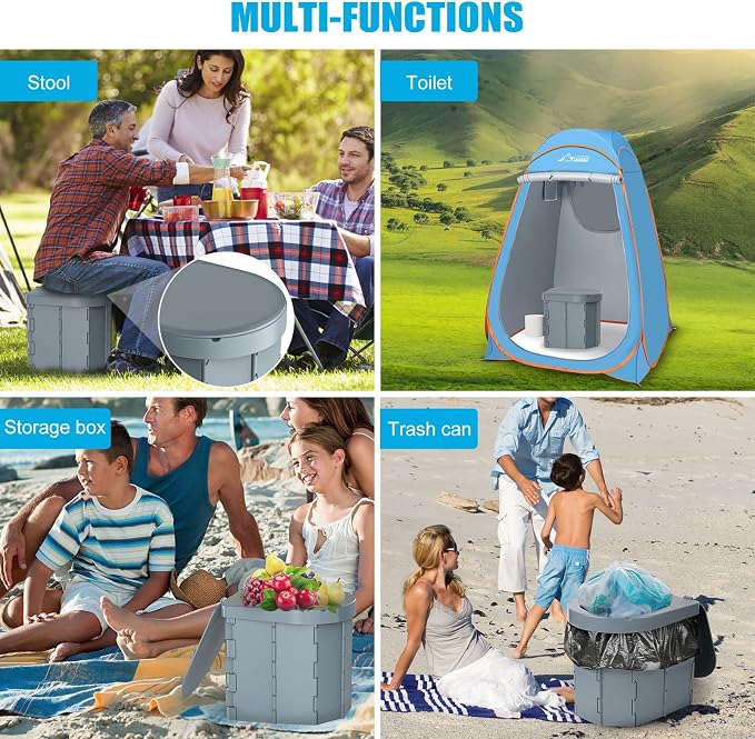 Portable Camping Toilet, Folding Toilet for Adults with Lid and Retractable Toilet Paper Holder, Waterproof Porta Potty with Carry Bag and Disposible Liners