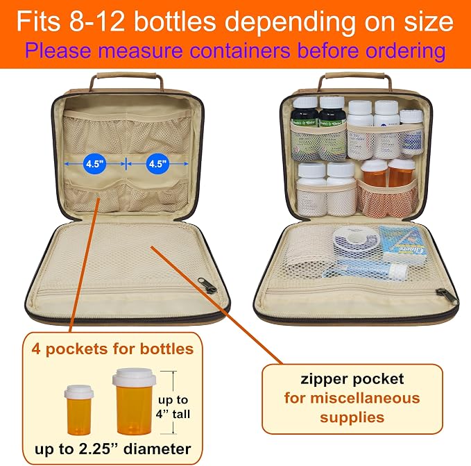 Medium Travel Pill Bottle Organizer, Slim Medicine Bag, Carrier for Medications and Medical Supplies - Khaki Canvas