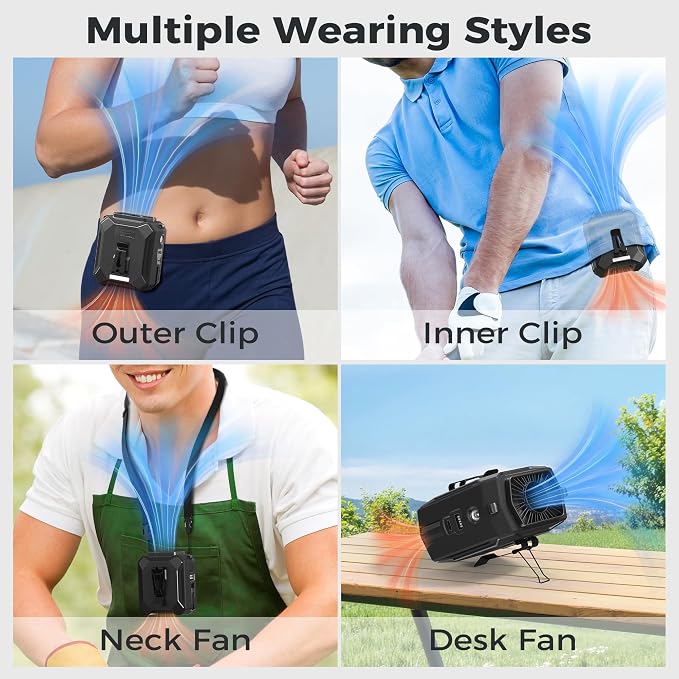 Portable Mini Waist Fan - Rechargeable Clip on Belt Wearable Body Fan, Max 25H Cooling, 3 Speeds 16000RPM Turbo Hands-Free Under-Shirt Neck Fan for Outdoor Jobsite Camping Traveling