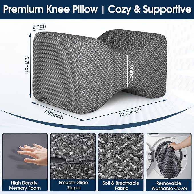 BlissTrends Memory Foam Knee Pillow, Knee Pillow for Side Sleepers, Leg Pillows for Sleeping Blood Circulation, Elevation Pillow for Spine Aligning, Sciatica, Hip, Knee, Ankle Pain, Dark Grey, Medium