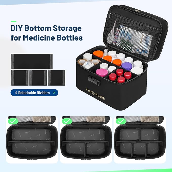 Mancro Lockable Medicine Bag, 2-Layer Pill Bottle Organizer Storage | Adjustable Dividers, Medication Travel Case for Pill, Vitamins & Supplements, Medicine Organizer for Dorm, Home Use and Trips