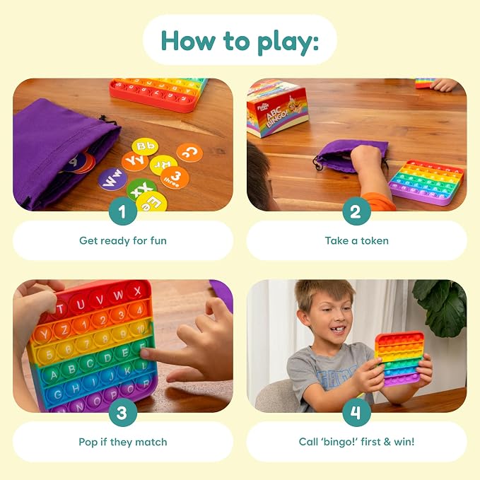 The Fidget Game ABC Bingo, Games for Kids - Six Educational Alphabet Bingo Popping Mats for Preschool, Toddlers, Kindergarten - Learning Activities for 2-6 Players 3+ Years