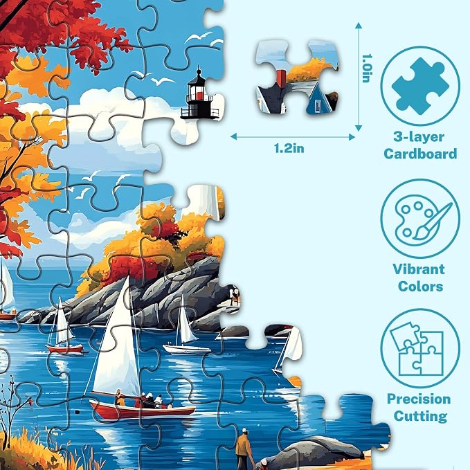 500 Piece Puzzle for Adults, Autumn Coastal Lighthouse Jigsaw Puzzle, Sailboat Harbor Village Landscape, 500 Pieces Puzzles for Adults with Letters on Back, Fall Scene Gift 20.5 x 15 in