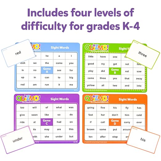 QUIZMO Sight Words | Bingo-Style Vocabulary Game | 4 Levels of Difficulty for Ages 5-9 | Teach Basic Reading and Writing Skills