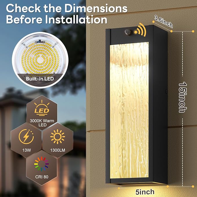 LED Outdoor Wall Light Fixtures Dusk to Dawn 2-Pack Porch Light | 15in Large Modern Sconce, Water Ripple, Waterproof, Exterior Lighting Wall Mounted, Outside Lantern for Garage Front Door