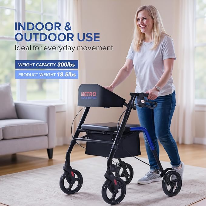 Metro Mobility Rollator Walker with Seat for Seniors, Foldable Lightweight Rolling Walker, 8" Big Wheels for All Terrain, 300 lb. Weight Capacity, Blue