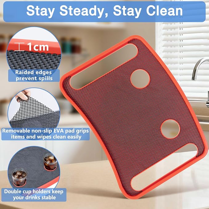 Walker Tray for Seniors with Dual Cup Holders & Side Pouch (Red) | Durable Food & Drink Table, Lightweight with Non-Slip Pad, Compatible with Walker of 10210-1 Model