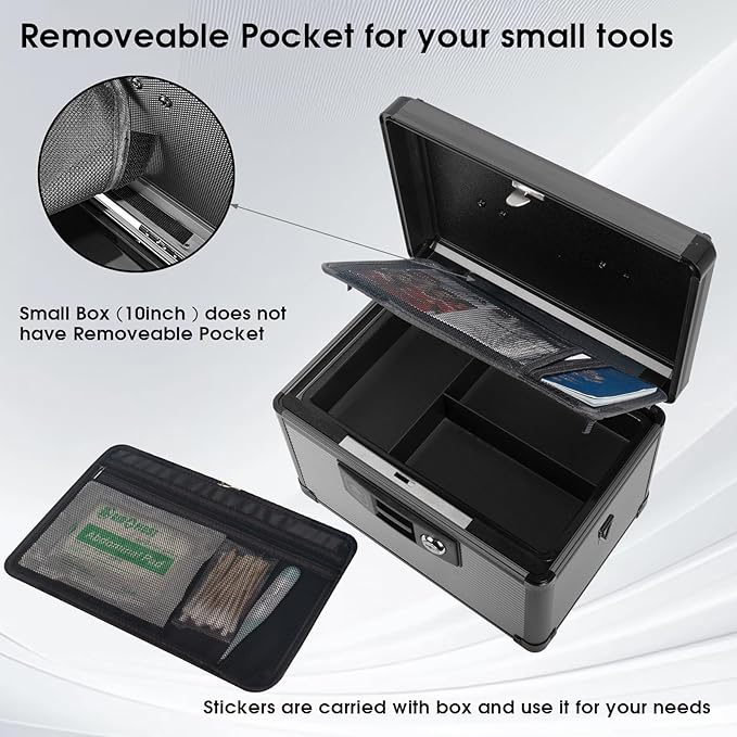 Medicine Lock Box with Key, Alluminum Alloy Box for Medication,First Aid Box with a Removeable Tray to Store Medicines & Pills for Home, Black,16 * 9.25 * 7.48 Inch