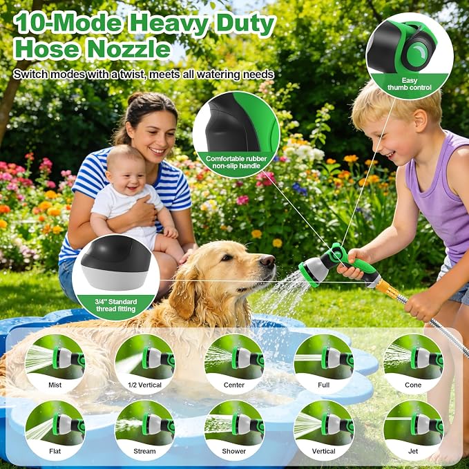 Garden Hose 50FT, Flexible Stainless Steel Metal Water Hose with 10-Function Nozzle, No-Kink, Leak-Proof, Wear-Resistant, 3/4 GHT, Easy to Use and Store for Garden, Yard, Lawn, Outdoor