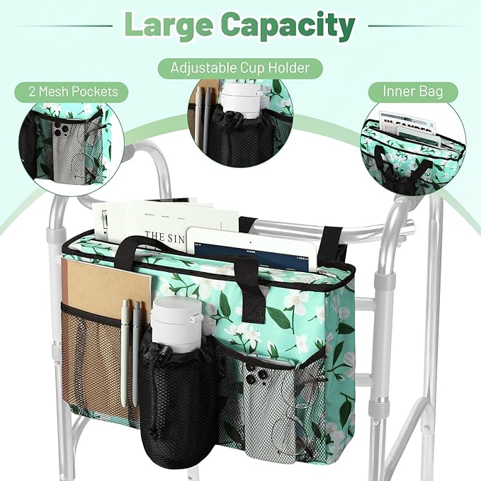 Rhino Valley Walker Bag, Large Capacity Walker Accessories Storage Bag with Multi Pockets & Cup Holder, Walker Basket with 4 pockets for Universal Walkers for Seniors, Green Lily