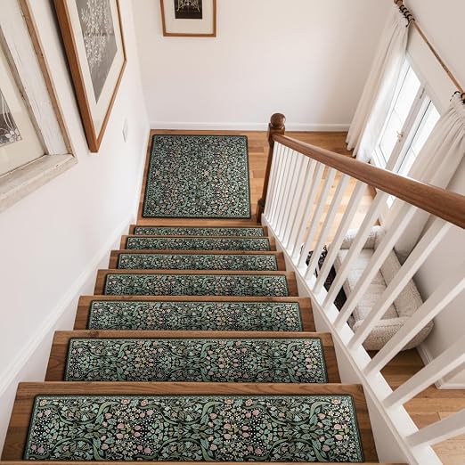 OJIA Floral Stair Treads for Wooden Steps Indoor 31"x31" Landing Mat Black | Non-Slip Stair Runner Carpet Stair Treads Stair Mats Staircase Step Treads for Kids, Elders and Dogs, Stair Covers, Black