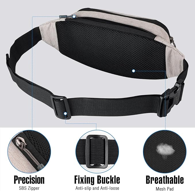 WATERFLY Small Fanny Pack Crossbody Lightweight Waist Bag for Woman Man | Adjustable extender strap, Slim compact, Water-resistant durable material, Breathable back pad, Multi-scene for travel, daily