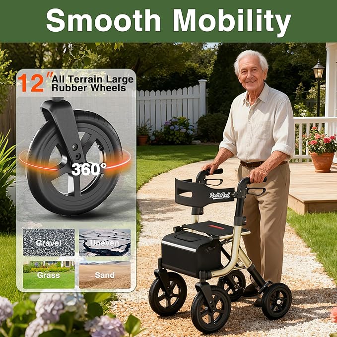 Walkers for Seniors, Rollator Walker with Seat, 12" Big Rubber Wheels All Terrain Rolling Walker with Backrest, Foldable Rollator Walker, Reinforced Aluminum Frame, Built-in Cable, Golden