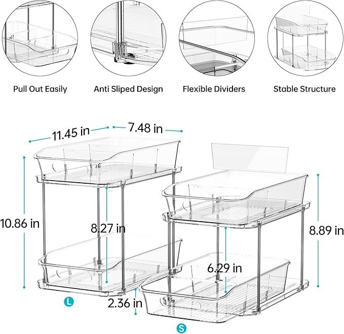 Delamu 2-Tier Under Sink Organizers and Storage, Multi-Purpose Stackable Bathroom Cabinet organizers, Pull Out Kitchen Pantry Organization and Storage with Dividers(2 Pack, Clear)