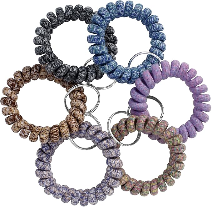 BIHRTC Pack of 6 Keychain Bracelet Wristlet Wrist Key Chain Holder Spring | Wristband Flexible Spiral Wrist Coil Spring Stretchable Spiral Key Rings for Gym Pool ID Badge Sports