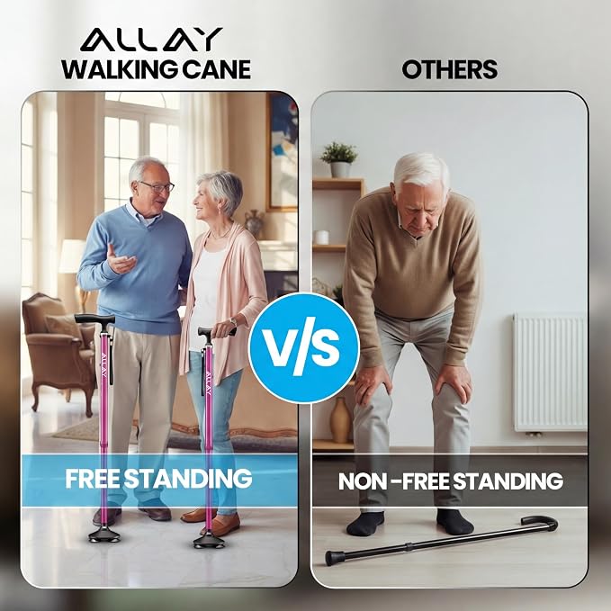 Allay Walking Canes for Men & Women - Adjustable Canes for Women for Stability, Self Standing Wide Quad Pivot Base, Light Weight, Soft Handle Grip and Travel Bag, Walking Sticks for Seniors