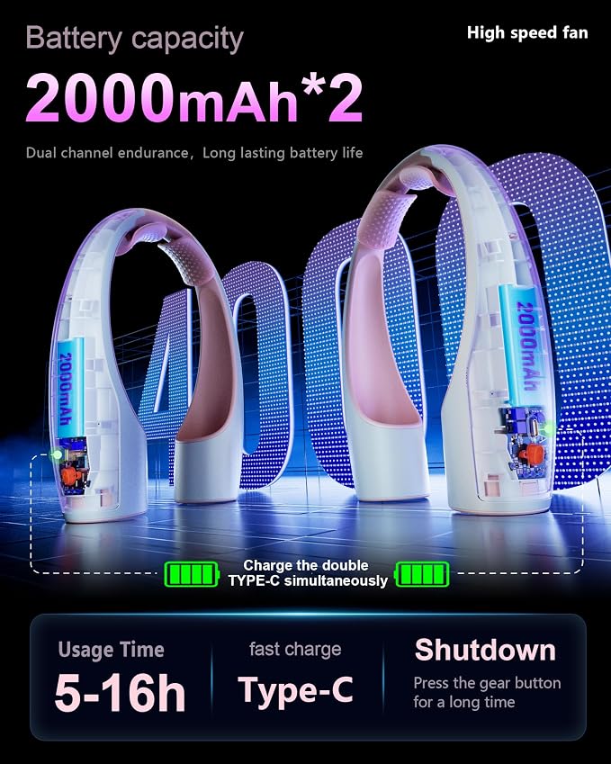 Heelkl AI Neck Fan, 4 Speeds Adjustable Portable Personal Fan Rechargeable, 4000 mAh Battery Faster Cooling Wearable Fan, Ultra Quiet for Home, Office, Travel, Outdoor - PInk