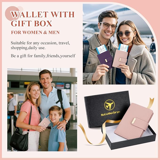 Pink Passport Holder with Airtag RFID Blocking Travel Wallet for Women, Leather Passport Wallet with Airtag Slot Slim Compact Passport Cover with Zipper Coin Pocket, Holder Card, SIM, Cash