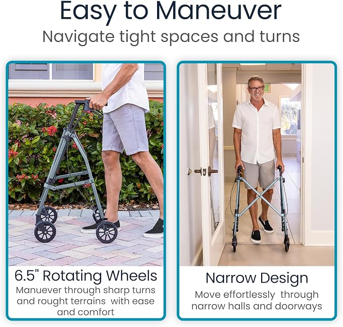 Vive Mobility Lightweight Walker for Seniors - Narrow, Folding Walker | W/Wheels for Small & Tight Spaces - Light Weight for Balance, Compact Doorways, Foldable - Portable & Collapsible for Travel