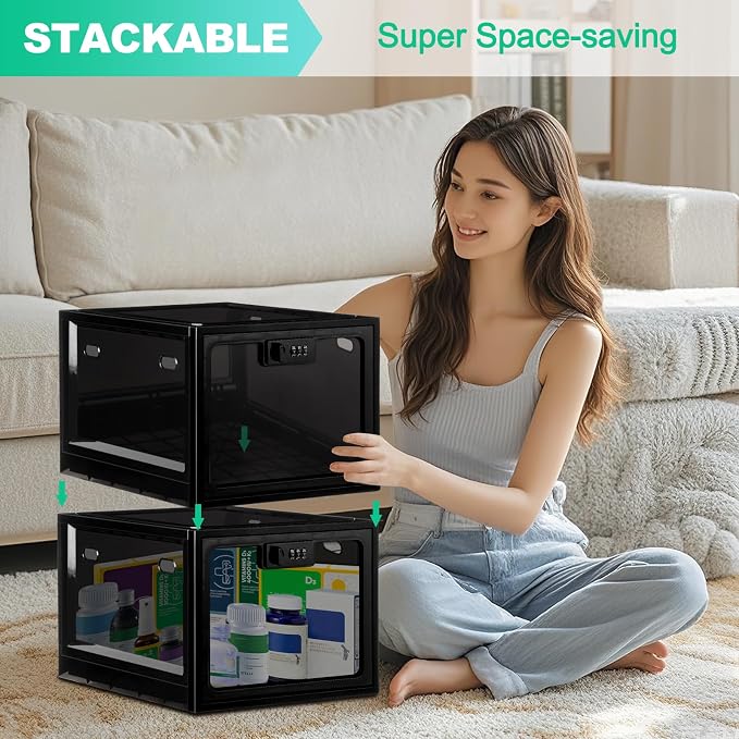 Medication Lock Box with Code, 12.6L Large Lockable Storage Box for Medicine, Snacks, Phone, and Electronics - BPA-Free, Clear Design with Charger Holes for Home, Office, Dorm, and Fridge