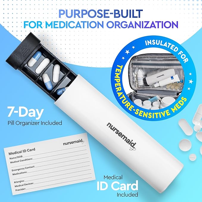 nursemaid Insulated Medication Organizer – Travel Case for Insulin & Medicine, Keeps Meds Cool, Includes ID Card & 7-Day Pill Organizer, Compact & Organized On the Go