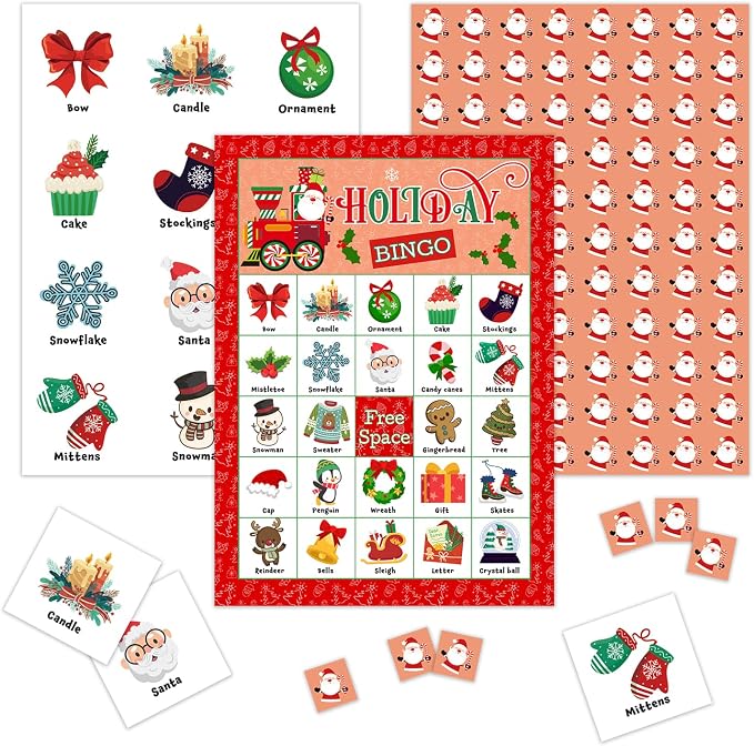Christmas Holiday Bingo Game - Winter Bingo Card - 24 Players Bingo Game Set Indoor Outdoor Activities - Christmas, New Year Party Favors Supplies -A12