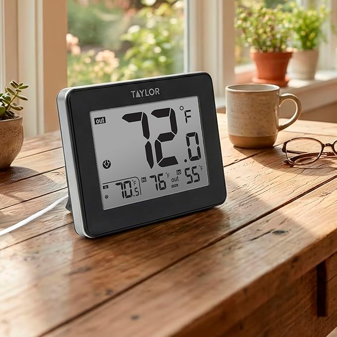 Taylor Wired Digital Indoor Outdoor Thermometer with LED Display, Wired Probe Sensor for Home, Greenhouse, Nursery, and Indoor Use, White Housing