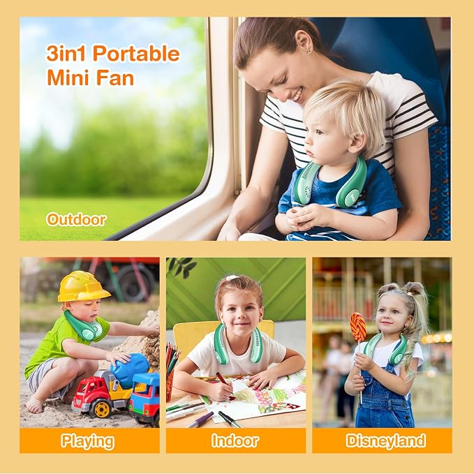 Dinosaur Kids Neck Fan, Safe Bladeless Neck Fans for Kid, 2600mAh Portable Rechargeable Cooling Fan for 4-14Y Boys, 4 Speeds & Lightweight & Hands-free, Kids Camp, Travel, Summer Essentials