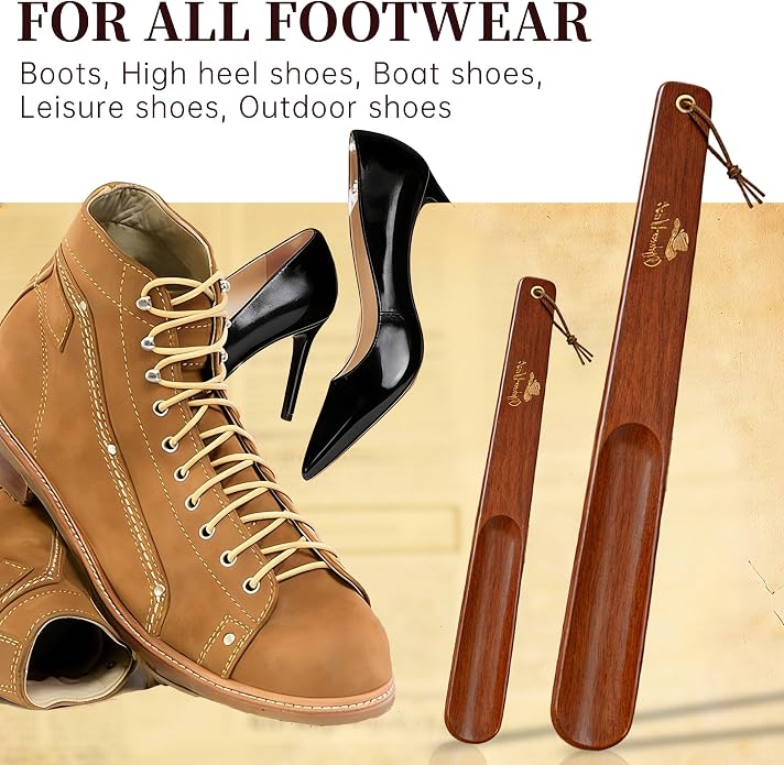 Wooden Shoe Horn Set, 15'' Long Handle for Seniors & Adults, 10.25'' Short Shoe Spoon for Kids, 2-Pack Boot Horn