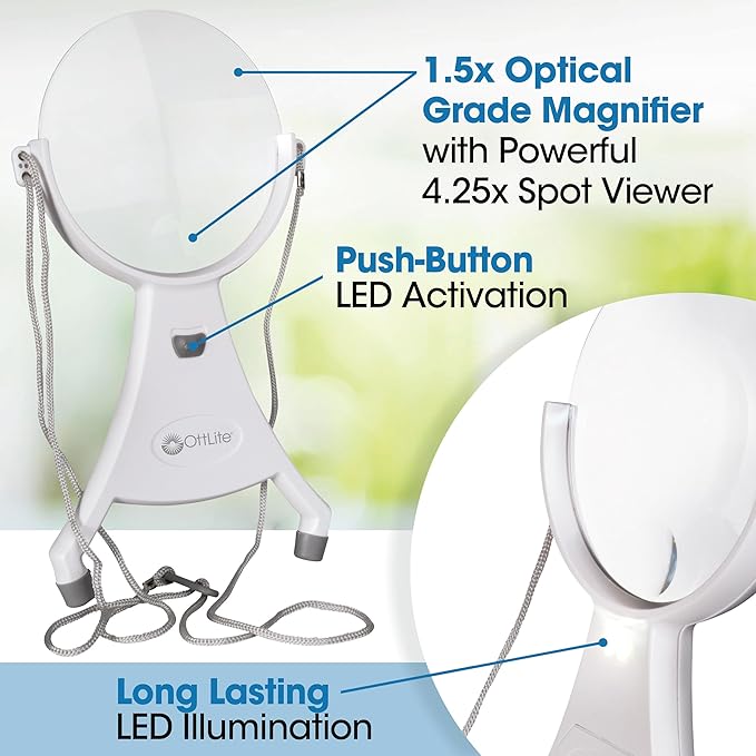 OttLite 4-Inch Hands-Free LED Magnifier, White | 1.5x Optical Acrylic Lens | 4.25x Spot Viewer | LED Illuminated | Adjustable Neck Cord
