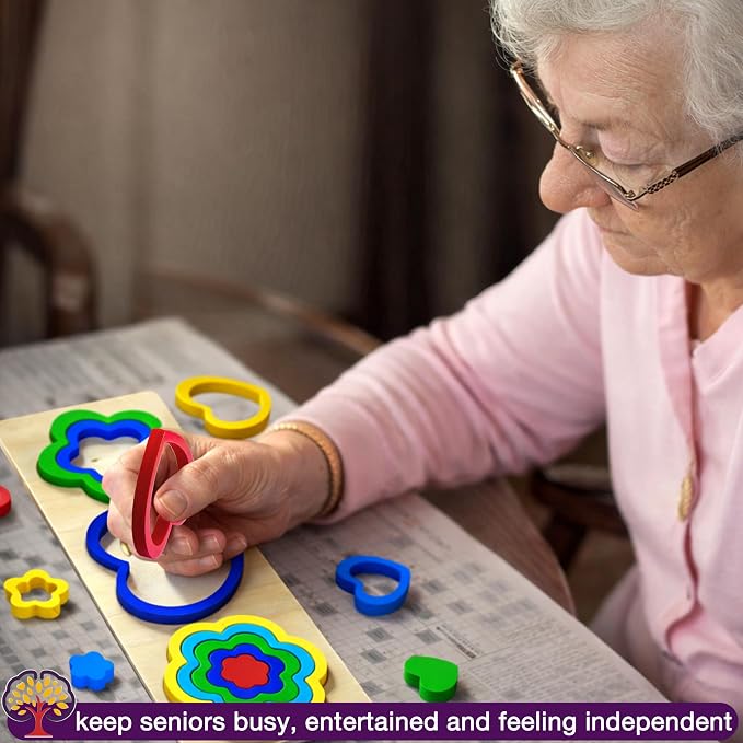 15 Pieces Cognitive Toys for Dementia, Activities for Seniors, Large Wooden Dementia Games for Parkinson Patients, Easy Geometric Alzheimer Puzzles for Elderly, Shape Pattern Matching Board Gifts