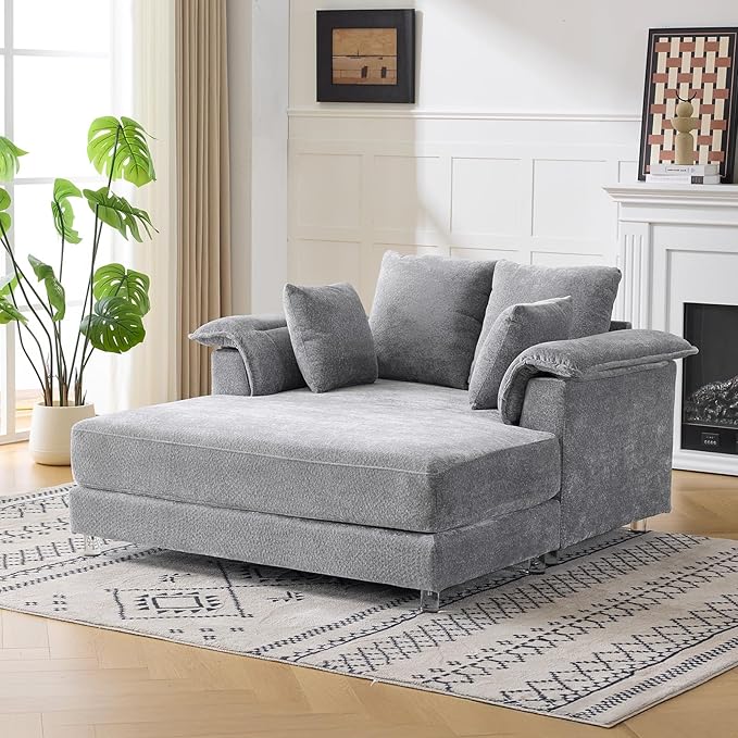 VINGLI Modern Floating Chaise Lounge Chair with Acrylic Legs, Upholstered Cushion Deep Seat Lounge Sofa with Iron-Wood KD Frame, Pillow Armrest, Accent Chair for Living Room, Play Room Apartment